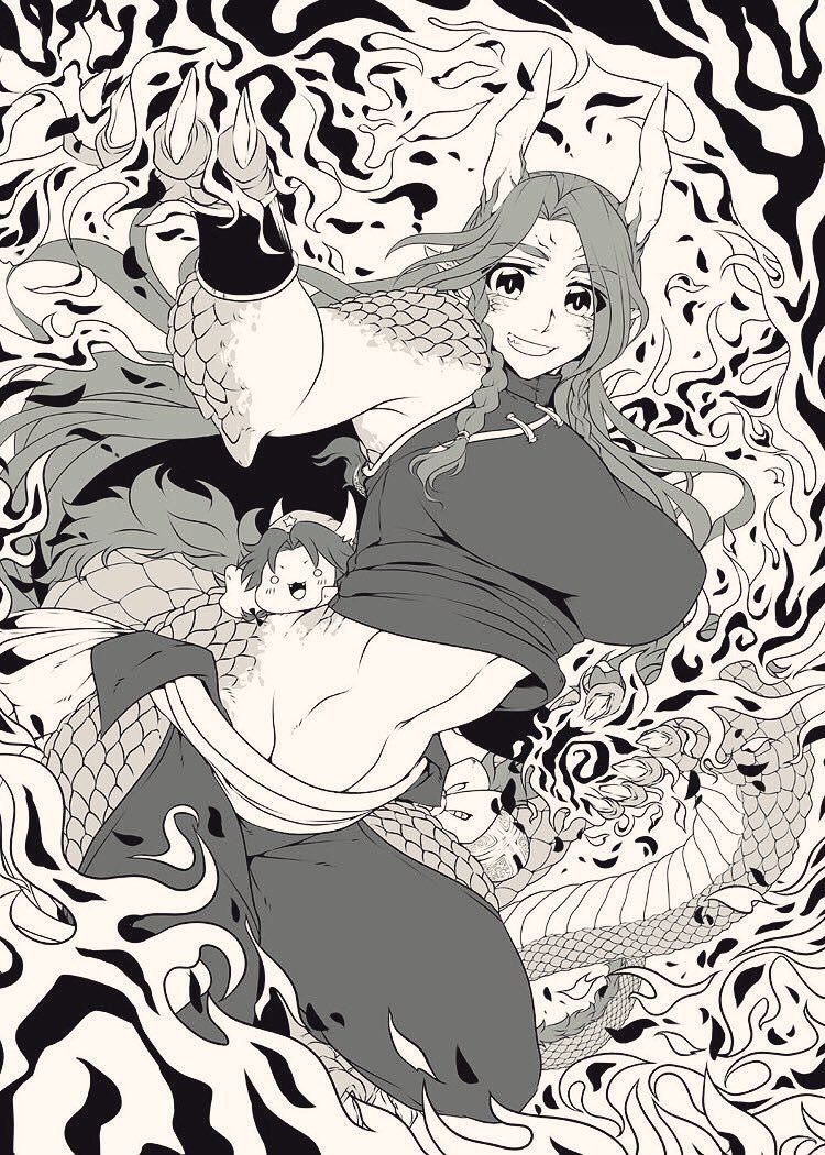 1girl beret braid breasts bright_pupils chibi chinese_clothes claws crop_top dragon dragon_girl dragon_horns dragon_tail female_focus fire greyscale hat hong_meiling hong_meiling_(dragon) horns large_breasts long_hair looking_at_viewer midriff monochrome monster_girl monsterification navel neko_majin pants parted_bangs sash scales slit_pupils smile solo star_(symbol) tail toned touhou twin_braids