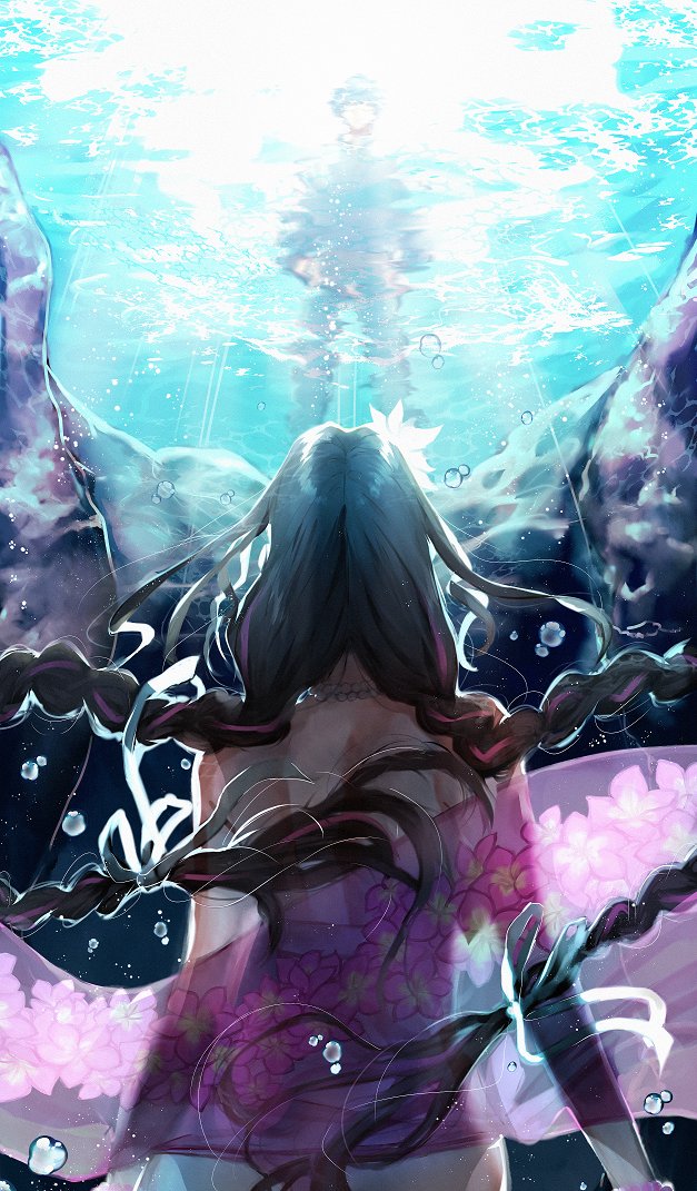 1boy 1girl aged_up back braid bubble fate/grand_order fate_(series) hans_christian_andersen_(adult)_(fate) hans_christian_andersen_(fate) looking_down looking_up pink_sarong sarong sessyoin_kiara sessyoin_kiara_(swimsuit_mooncancer)_(first_ascension) sunlight twin_braids underwater yuta_arata