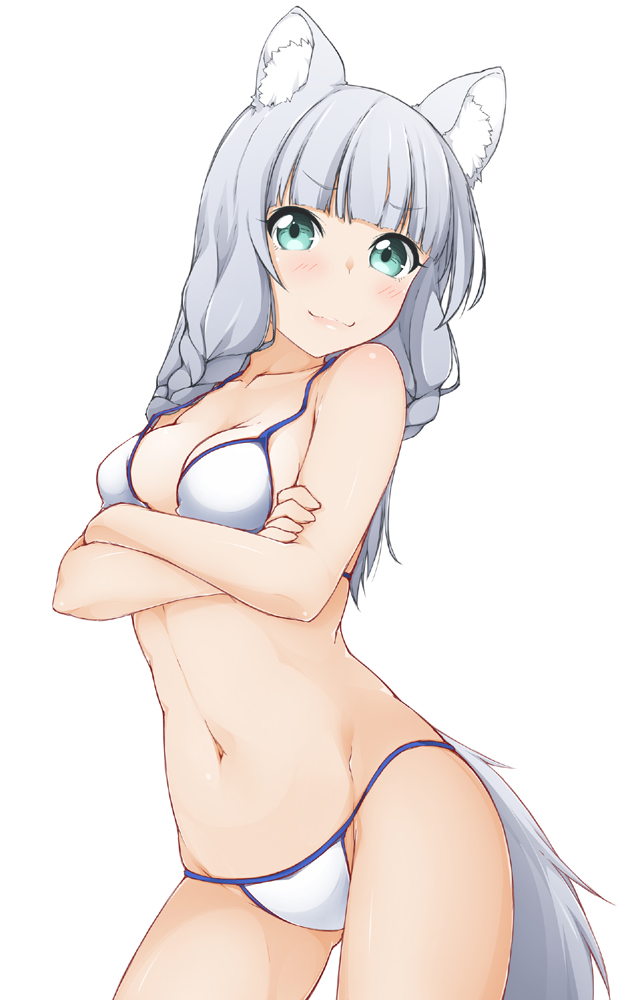 1girl animal_ear_fluff animal_ears arms_under_breasts bare_arms bare_shoulders bikini blunt_bangs blush braid breasts cleavage closed_mouth collarbone commentary_request contrapposto crossed_arms female_focus gluteal_fold green_eyes grey_hair groin hataage!_kemono_michi hinata_masaki long_hair looking_at_viewer medium_breasts navel shigure_(kemonomichi) simple_background solo swimsuit tail white_background white_bikini