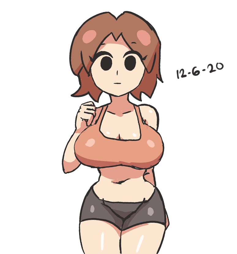 1girl :| alternate_costume arm_behind_back armpit_crease bike_shorts black_eyes blush_stickers breasts brown_hair cleavage closed_mouth collarbone commentary curvy dated english_commentary grey_shorts groin hand_up kuruma94 large_breasts looking_at_viewer midriff mii_gunner mii_gunner_(smash_4) navel nintendo notnoe_(dxcl) orange_shirt orange_sports_bra shirt short_hair shorts simple_background sketch solo sports_bra super_smash_bros. thick_thighs thighs white_background