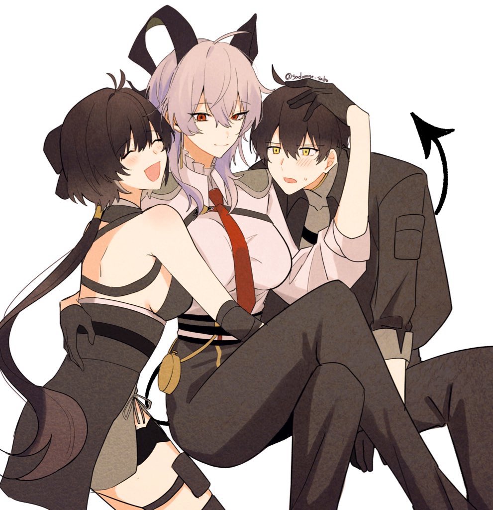 1boy 2girls :d adversarial_noise bare_shoulders black_hair black_horns black_jacket black_pants black_tail breasts chest_harness closed_eyes closed_mouth collared_shirt commentary crossed_legs curled_horns demon_tail dual_persona female_rover_(wuthering_waves) grey_hair hair_between_eyes harness horns jacket large_breasts long_hair low_ponytail male_rover_(wuthering_waves) multiple_girls necktie open_mouth pants ponytail red_eyes red_necktie rover_(wuthering_waves) sadomne_sabu shirt shirt_tucked_in simple_background smile tail white_background white_shirt wuthering_waves yellow_eyes zani_(wuthering_waves)
