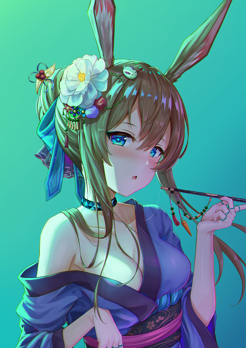 1girl :o amiya_(arknights) animal_ears arknights bare_shoulders blue_background blue_eyes blue_ribbon blush breasts brown_hair carrot choker cleavage collarbone dddsunsky flower gradient_background green_background hair_between_eyes hair_flower hair_ornament hair_over_breasts hair_ribbon highres holding japanese_clothes jewelry kimono larten_crepsley long_hair looking_at_viewer open_clothes parted_lips rabbit_ears ribbon ring saliva saliva_trail sidelocks solo
