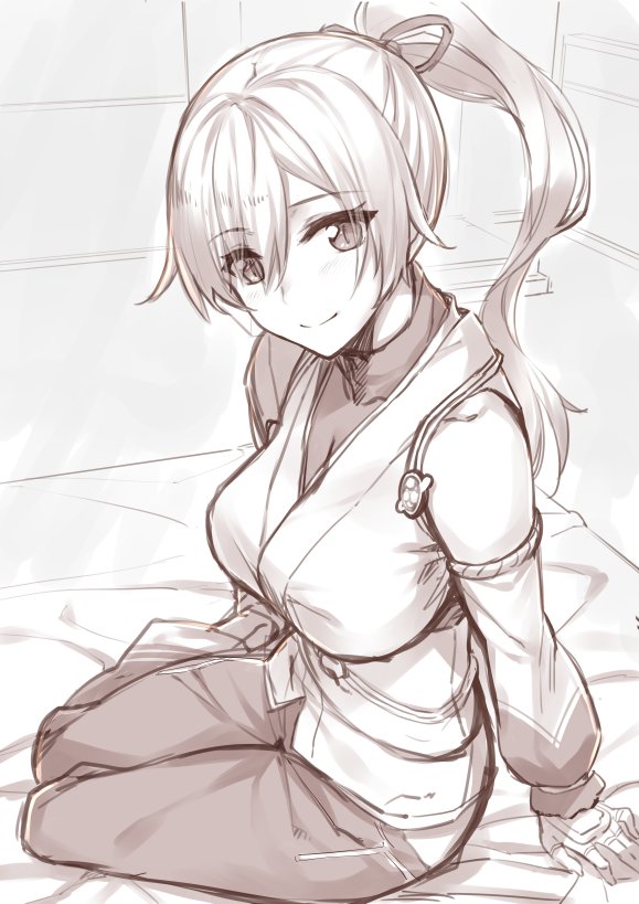 1girl asymmetrical_sleeves blush breasts commentary_request detached_sleeves fate/grand_order fate_(series) female_focus fingerless_gloves gloves greyscale hakama hakama_pants hip_vent japanese_clothes large_breasts long_hair looking_at_viewer monochrome pants ponytail single_detached_sleeve sitting slit_pupils solo tomoe_gozen_(fate) turtleneck undershirt uneven_sleeves yanagi_(tsukiakari) yokozuwari