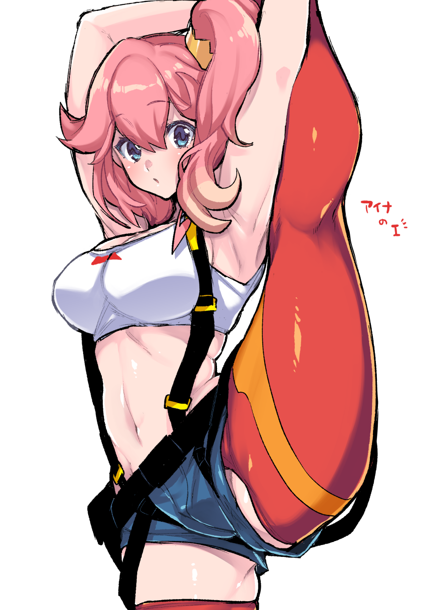 aina_ardebit arm_up armpits blue_eyes blue_shorts breasts commentary_request crop_top hair_between_eyes highres looking_at_viewer medium_breasts multicolored_hair navel orange_hair pink_hair promare red_thighhighs short_shorts shorts side_ponytail simple_background split standing standing_on_one_leg standing_split stomach suspenders takatsuki_ichi thighhighs two-tone_hair white_background