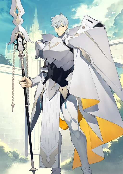 1boy abs arm_armor arm_at_side armor belt belt_buckle blue_eyes boots bracer breastplate brown_belt brown_sleeves buckle cape chain closed_mouth covered_abs fate/grand_order fate_(series) feet_out_of_frame game_cg gorget grey_hair hair_between_eyes hand_up high_collar holding holding_polearm holding_weapon legs_apart longinus_(weapon)_(fate) looking_at_viewer male_focus official_art pauldrons pelvic_curtain percival_(fate) polearm shiramine_(srmn09) short_hair shoulder_armor side_cape smile solo spear standing thigh_boots third-party_source toned toned_male variant_set waist_cape weapon white_boots white_cape