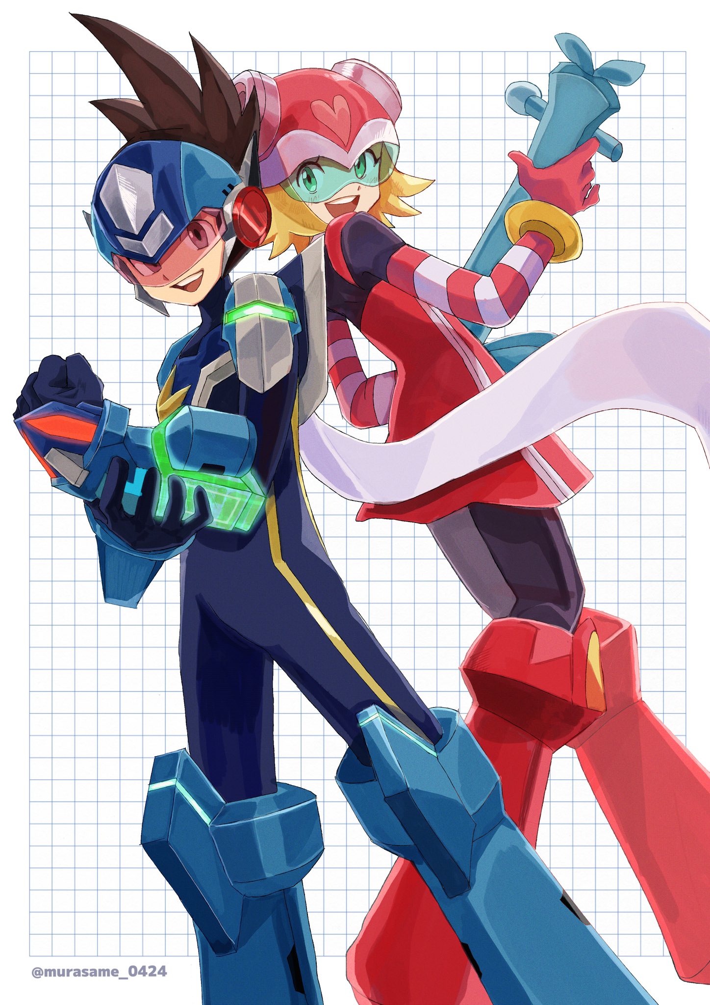 1boy 1girl assault_visor back-to-back black_bodysuit blonde_hair blue_bodysuit blue_helmet bodysuit brown_hair clenched_hand dress feet_out_of_frame geo_stelar_(mega_man) green-tinted_eyewear guitar harp_note_(mega_man) helmet highres holding holding_guitar holding_instrument instrument magainu medium_hair mega_man_(series) mega_man_star_force_(series) mega_man_star_force_3 missing_commentary red-tinted_eyewear red_dress red_helmet short_hair simple_background sonia_strumm_(mega_man) star_force_mega_man tinted_eyewear twitter_username white_background