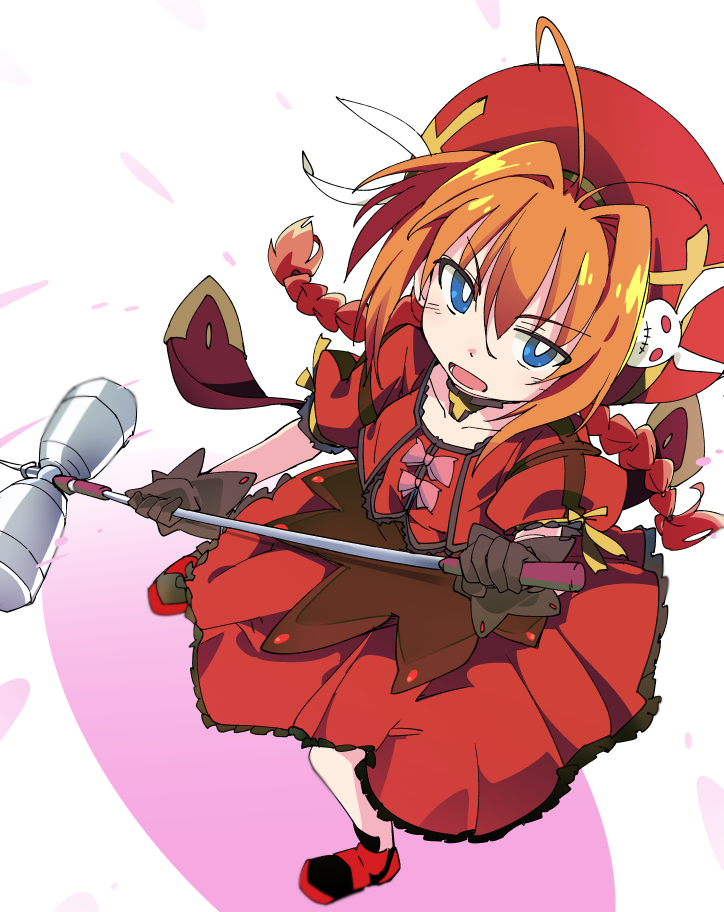1girl blue_eyes braid dress female_focus gloves graf_eisen hammer ixy long_hair looking_at_viewer lyrical_nanoha magical_girl mahou_shoujo_lyrical_nanoha mahou_shoujo_lyrical_nanoha_a&#039;s orange_hair red_hair solo twin_braids vita_(nanoha)