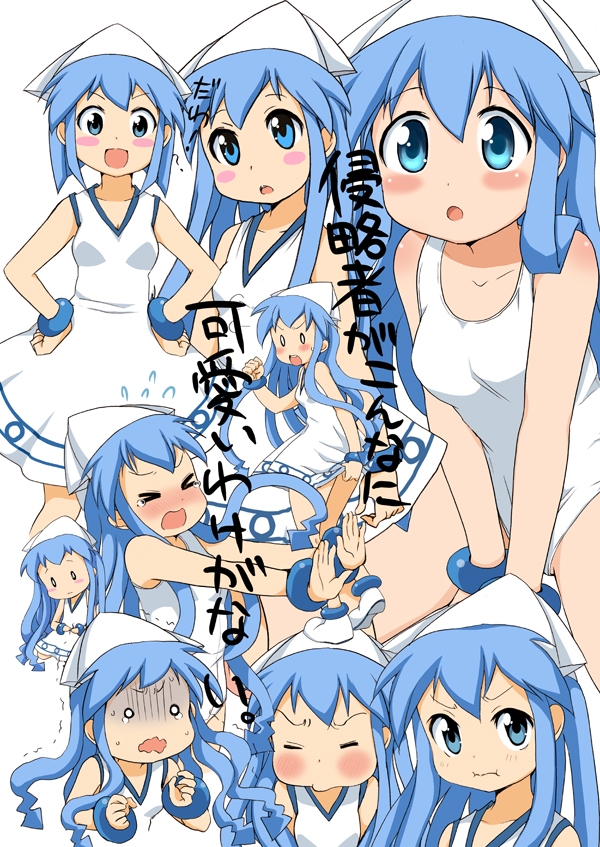 6+girls blue_eyes blue_hair blush_stickers comic dress ikamusume long_hair multiple_girls multiple_persona one-piece_swimsuit shinryaku!_ikamusume short_hair swimsuit tentacle_hair translation_request ubizo