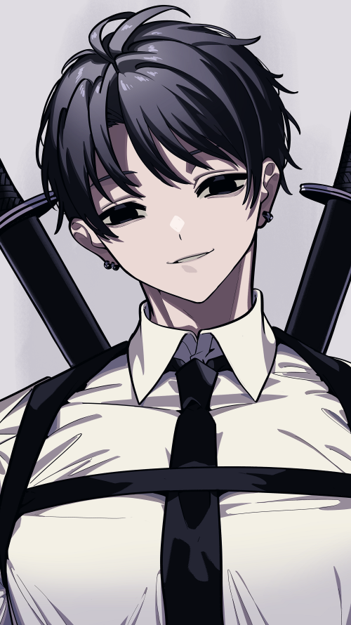 1boy angellyuna black_eyes black_hair black_necktie chainsaw_man chest_harness collared_shirt ear_piercing harness katana kishibe_(chainsaw_man) kishibe_(young)_(chainsaw_man) necktie parted_lips piercing sheath sheathed shirt simple_background smile solo sword upper_body weapon white_background white_shirt