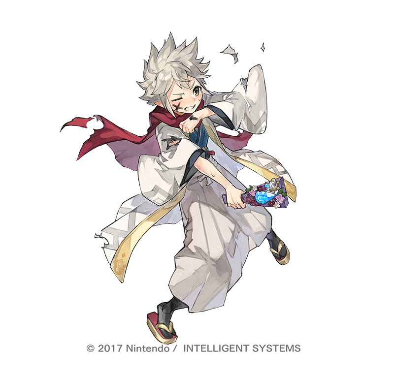 1boy closed_eyes copyright_notice dragonstone fire_emblem fire_emblem_fates fire_emblem_heroes full_body grin hagoita heart_attack japanese_clothes kana_(fire_emblem) kana_(male)_(fire_emblem) kana_(male)_(rising_dragon)_(fire_emblem) kimono male_focus nintendo official_alternate_costume official_art paddle scarf simple_background smile solo spiked_hair tapioka_chaso teeth torn_clothes v-shaped_eyebrows white_background white_hair