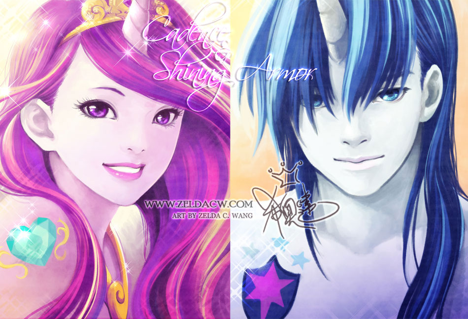 1boy 1girl artist_name blue_eyes blue_hair blue_skin character_name colored_skin horns jewelry lips long_hair looking_at_viewer multicolored_hair my_little_pony parted_lips personification princess_cadance purple_eyes shining_armor signature single_horn smile two-tone_hair watermark web_address zelda_c_wang zelda_wang