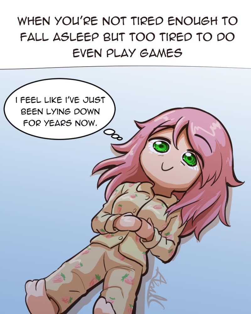 1girl :&gt; azulcrescent barefoot blue_background breasts caption chibi chibi_only closed_mouth commentary english_commentary english_text food_print fruit_print green_eyes hair_between_eyes hands_on_own_chest long_sleeves looking_up lying medium_breasts medium_hair on_back original own_hands_together pajamas pants peach_print pink_hair shirt signature smile solo speech_bubble swept_bangs thought_bubble truth typo yellow_pajamas yellow_pants yellow_shirt
