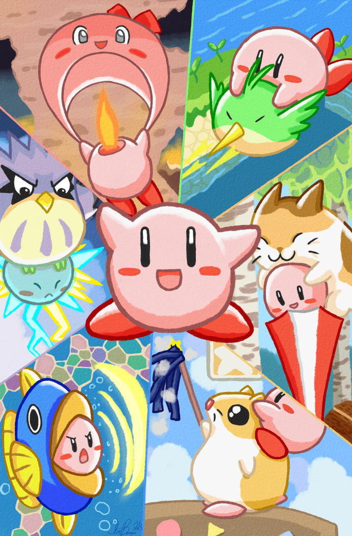 chuchu_(kirby) cleaning_kirby coo_(kirby) cutter_kirby fire_kirby keikuina kine_(kirby) kirby kirby&#039;s_dream_land_3 kirby_(series) nago_(kirby) needle_kirby nintendo parasol_kirby pitch_(kirby) rick_(kirby) self-upload spark_kirby