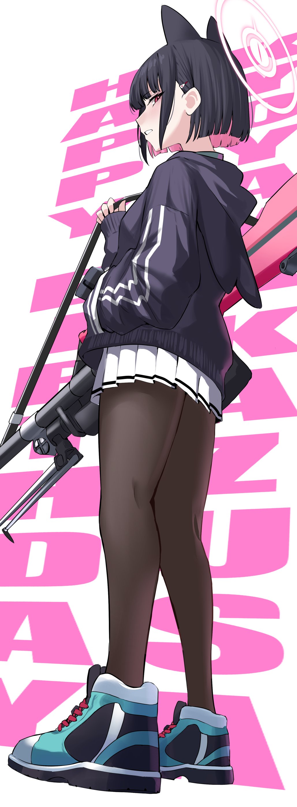 1girl absurdres animal_ears black_hair black_hoodie blue_archive bren_lmg cat_ears character_name colored_inner_hair english_text extra_ears full_body gun halo happy_birthday highres hood hooded_jacket hoodie jacket kazusa_(blue_archive) light_machine_gun machine_gun multicolored_hair nichijou_(nichijoutouhou) pantyhose pink_halo solo weapon
