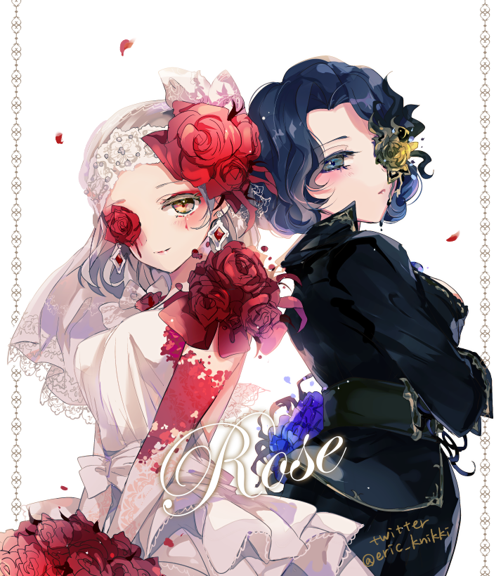 2girls artist_name back-to-back belt black_jacket blue_eyes blue_flower blue_hair blue_rose bouquet bow bridal_veil closed_mouth crossed_arms curly_hair dress earrings eric_knikki eyeshadow flower flower_over_eye frilled_dress frills gloves gold_trim grey_hair holding holding_bouquet identity_v jacket jewelry lace lace_gloves lace_trim long_sleeves looking_at_viewer makeup margaretha_zelle margaretha_zelle_(vile_blossom) medium_hair multiple_girls parted_lips petals red_eyeshadow red_flower red_rose rose rose_petals short_hair simple_background sleeveless sleeveless_dress smile twitter_username v_arms veil vera_nair vera_nair_(crimson_bride) wedding_dress white_background white_bow white_dress yellow_eyes