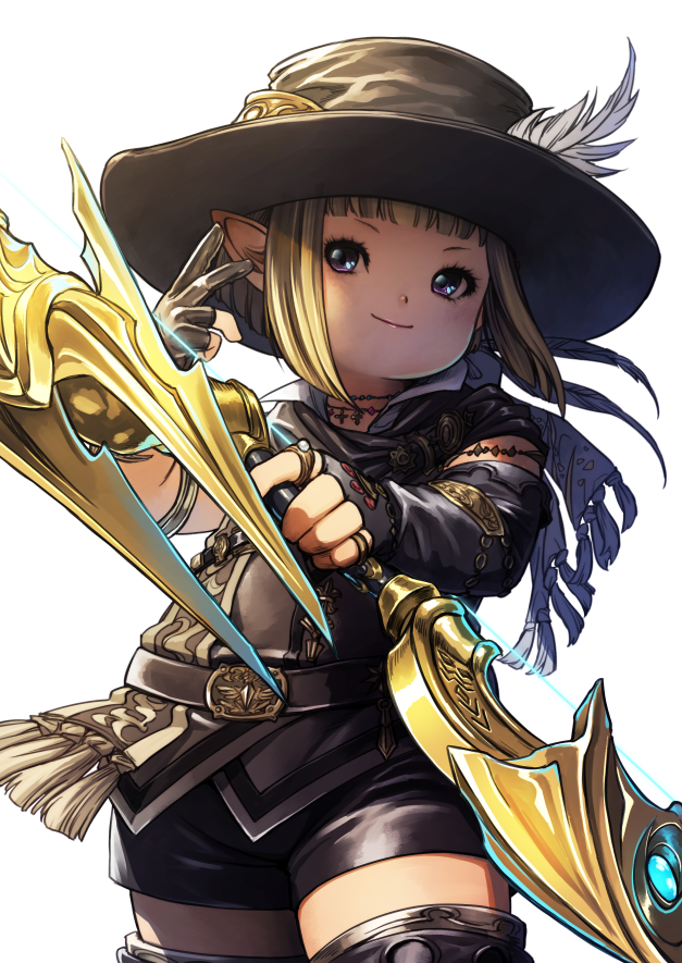 1girl warrior_of_light_(ff14) bad_id bad_pixiv_id bard_(final_fantasy) belt blonde_hair blunt_bangs blush bow_(weapon) contrapposto cowboy_shot eyelashes final_fantasy final_fantasy_xiv fingerless_gloves gloves hat hat_feather head_tilt jewelry lalafell looking_at_viewer necklace pointy_ears purple_eyes rosa_(hoshino) short_hair short_shorts shorts sidelocks simple_background smile solo thighhighs weapon white_background zettai_ryouiki