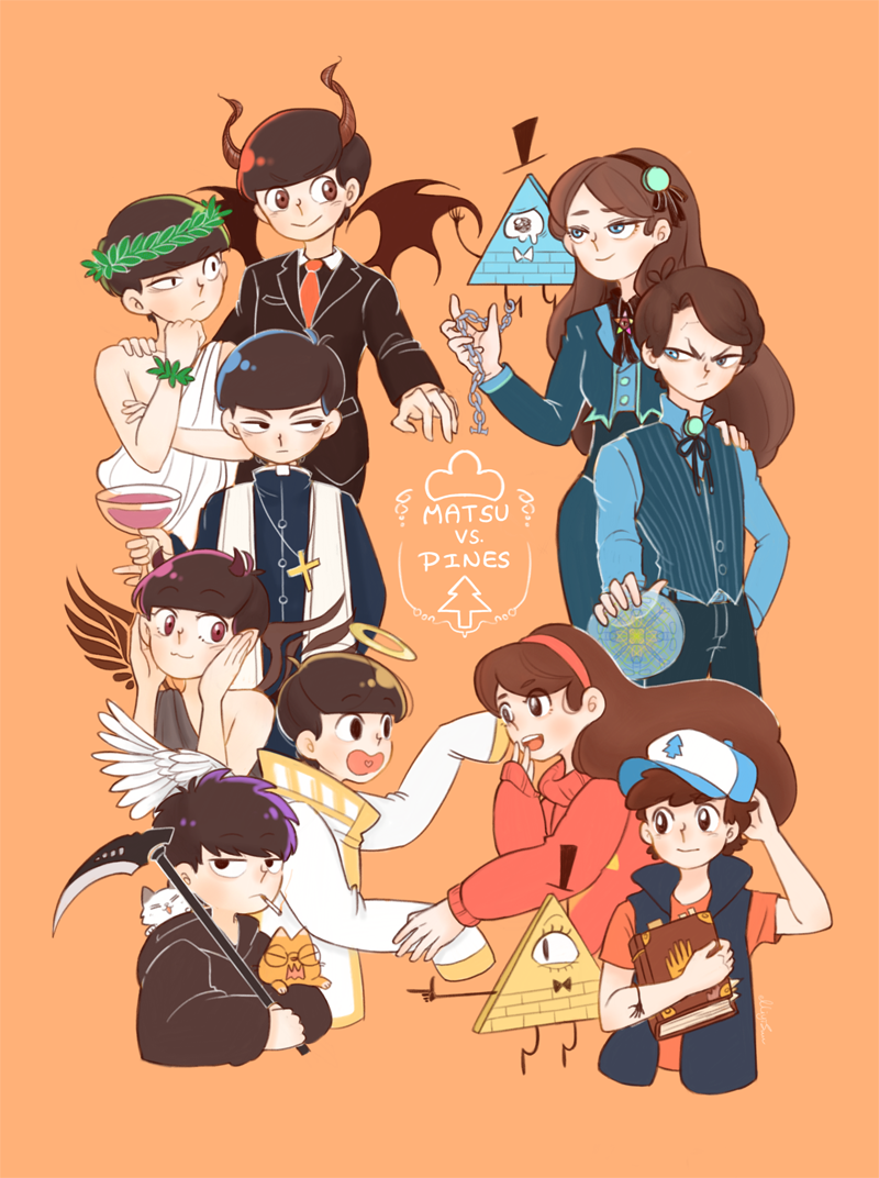 &gt;:( 10s 2girls 6+boys :&gt; :3 :d ahoge alternate_costume angel animal bare_shoulders baseball_cap bill_cipher black_bow black_bowtie black_eyes black_hat black_jacket black_pants black_shirt black_wings blue_eyes blue_pants blue_shirt book bookmark bow bowtie brooch brother_and_sister brothers brown_eyes brown_hair cassock cat chain cigar clenched_hand closed_mouth collared_shirt commentary crescent crop_top cross cross_necklace crossover cup dark_persona death demon demon_boy demon_horns demon_tail demon_wings dipper_gleeful dipper_pines drinking_glass dual_persona eye_contact eyelashes facial_mark feathered_wings forehead_mark formal_clothes frown gem gravity_falls hairband halo hand_in_pocket hand_on_another&#039;s_shoulder hand_to_own_mouth hands_on_own_chest hat head_rest head_wreath heart heart_in_mouth high_collar holding holding_animal holding_book holding_cat holding_cup holding_drinking_glass holding_weapon horns jacket jewelry jitome liquid long_hair long_sleeves looking_at_another looking_to_the_side mabel_gleeful mabel_pines matsuno_choromatsu matsuno_ichimatsu matsuno_jyushimatsu matsuno_karamatsu matsuno_osomatsu matsuno_todomatsu mouth_hold multiple_boys multiple_girls name_connection neck_ribbon necklace necktie open_mouth orange_background osomatsu-kun osomatsu-san osomatsu_(series) pants parted_bangs pine_tree pinky_out pointing priest purple_hair red_eyes red_necktie restrained reverse_falls_(gravity_falls) ribbon riceiscolourblind scythe sextuplets shirt short_sleeves siblings sleeves_past_wrists smile smoke smoking star_(symbol) stole suit sweater swept_bangs t-shirt tail tears toga top_hat traditional_bowtie tree triangle turtleneck twins v-shaped_eyebrows vest weapon white_wings will_cipher wings