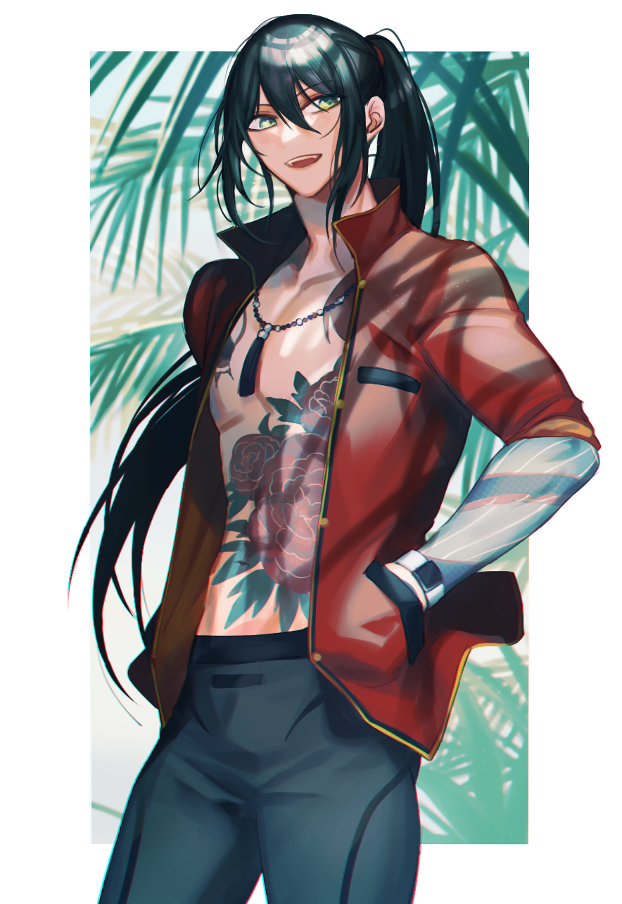 1boy alternate_hairstyle black_hair black_leggings black_male_swimwear blush chain chain_necklace commentary_request dragon_tattoo fangs fate/grand_order fate_(series) feet_out_of_frame flower_tattoo full-body_tattoo green_eyes hair_between_eyes hair_ribbon hand_in_pocket hands_in_pockets highres jacket jewelry katagiri_(mighty_swing) leggings long_hair long_sleeves looking_away male_focus male_swimwear necklace official_alternate_costume open_mouth pearl_necklace ponytail red_jacket red_ribbon ribbon smile solo swim_trunks tattoo toned toned_male very_long_hair watch wristwatch yan_qing_(fate) yan_qing_(training_wear)_(fate)