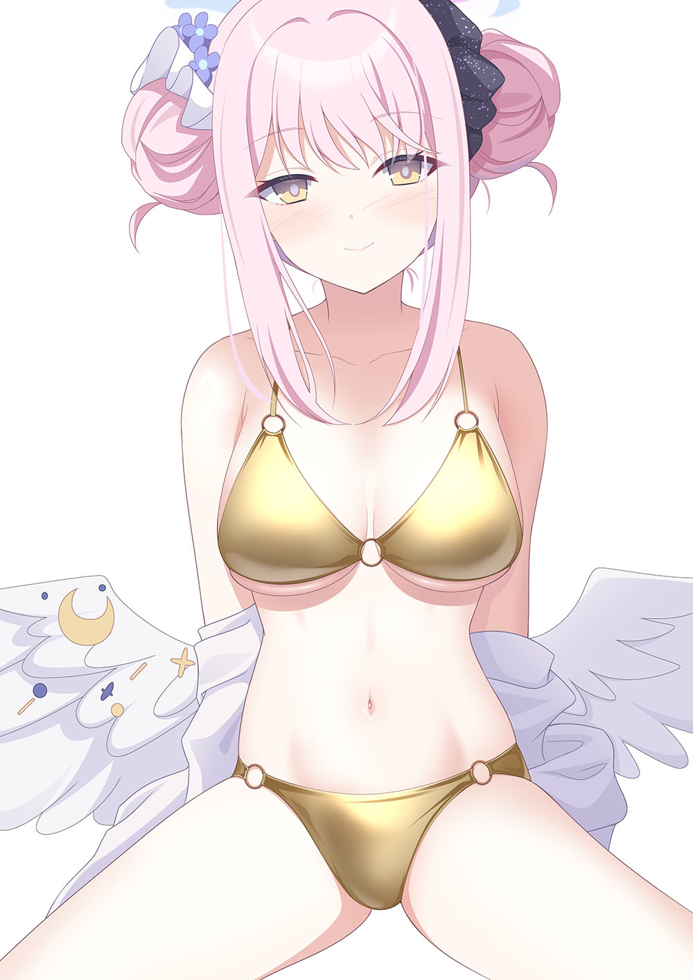 1girl alternate_costume arms_behind_back bare_shoulders bikini blue_archive blush breasts breasts_apart closed_mouth collarbone commentary_request double_bun eko feathered_wings gold_bikini golden_week golden_week_bikini hair_bun highres large_breasts long_hair looking_at_viewer low_wings mika_(blue_archive) navel o-ring o-ring_bikini o-ring_bottom pink_hair simple_background sitting smile solo stomach swimsuit white_background white_wings wings yellow_eyes