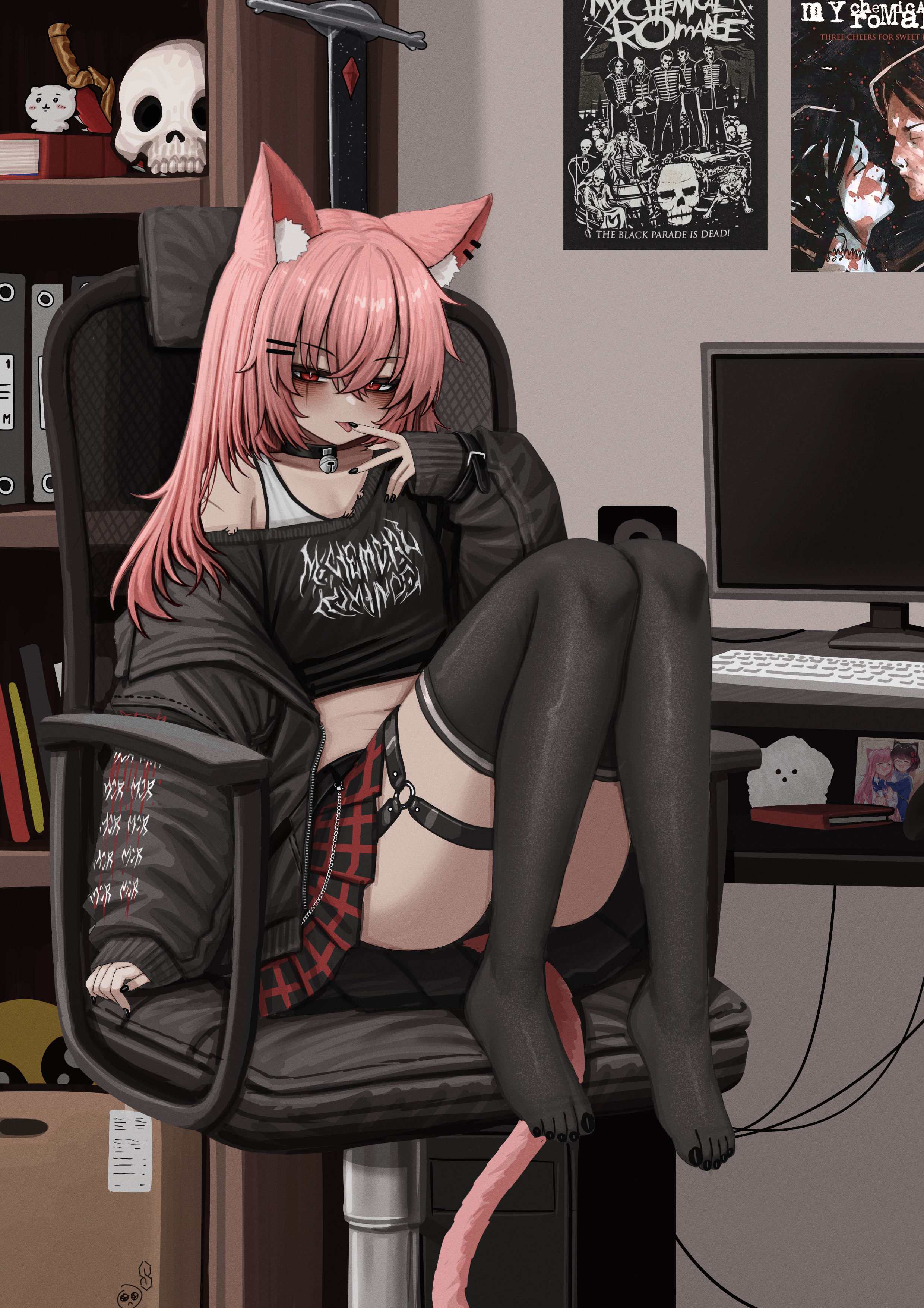1girl absurdres animal_ear_fluff animal_ears bell black_nails black_thighhighs cat_ears cat_girl cat_tail computer_keyboard goth_fashion hair_between_eyes highres jacket lobsteranian long_hair looking_at_viewer midriff monitor my_chemical_romance neck_bell open_clothes open_jacket original pink_hair pleated_skirt poster_(object) print_shirt red_eyes shirt sitting skirt skull solo tail thighhighs