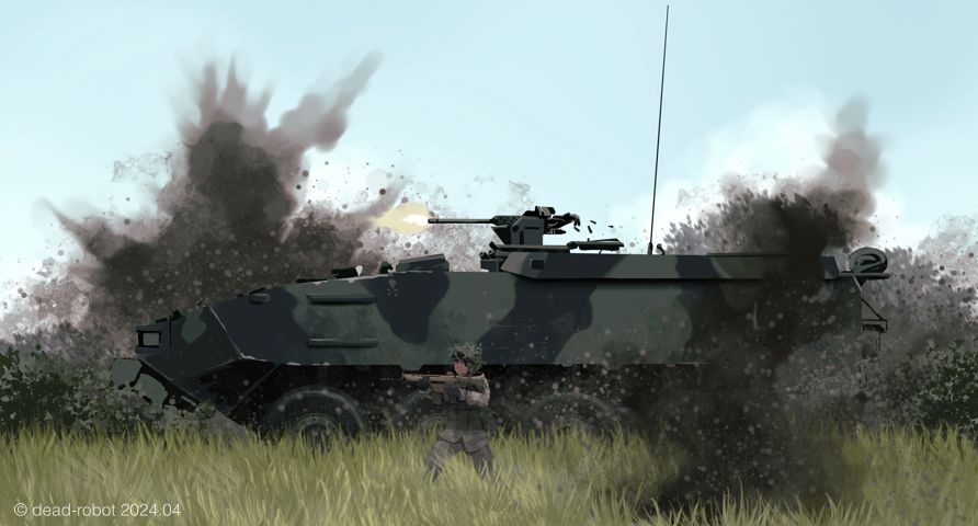 1girl aiming armored_personnel_carrier armored_vehicle assault_rifle battle day dead-robot dust firing grass gun holding holding_gun holding_weapon military motor_vehicle mowag_piranha muzzle_flash original outdoors rifle smoke vehicle_focus weapon wheel