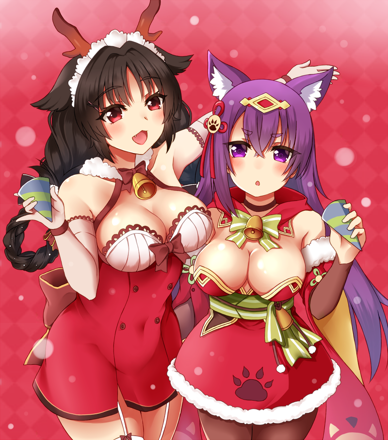 2girls :d ako_suke animal_ear_fluff animal_ears azur_lane bare_shoulders bell blush braid braided_hair_rings breasts brown_hair brown_legwear checkered_background christmas cleavage dress ears_down elbow_gloves fake_antlers fang fox_ears fur_trim gloves hair_ornament hair_rings large_breasts long_hair looking_at_viewer multiple_girls ooshio_(azur_lane) ooshio_(the_reindeer&#039;s_present)_(azur_lane) open_mouth pantyhose party_popper paw_print pinky_out purple_eyes purple_hair red_background red_eyes short_dress simple_background smile standing twin_braids urakaze_(azur_lane) urakaze_(seasonal_shogun)_(azur_lane) very_long_hair