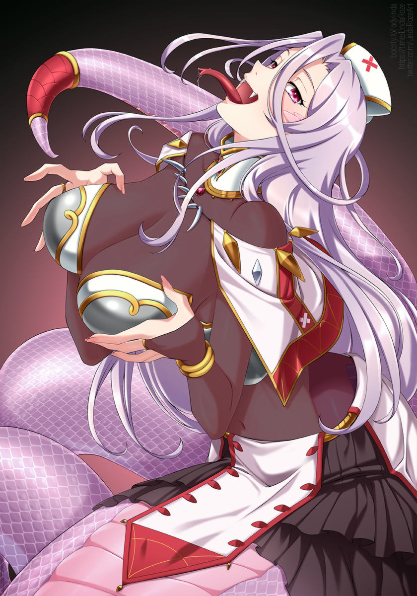 1girl black_skirt blush breasts covered_navel fang forked_tongue grabbing_own_breast hair_between_eyes hat highres lamia large_breasts lindaroze long_hair looking_at_viewer monster_girl monster_musume_no_oisha-san nurse_cap open_mouth purple_hair red_eyes saphentite_neikes scales skin_tight skirt smile solo tail tail_ornament tongue tongue_out