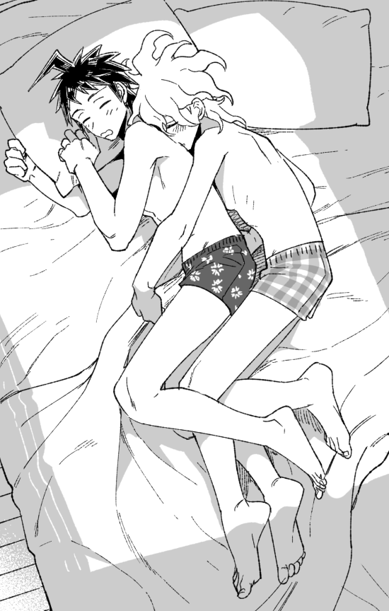 2boys ahoge barefoot blanket danganronpa_(series) danganronpa_2:_goodbye_despair from_above hinata_hajime hug komaeda_nagito male_underwear medium_hair messy_hair multiple_boys pillow plaid_clothes plaid_male_underwear short_hair underwear underwear_only uurin yaoi