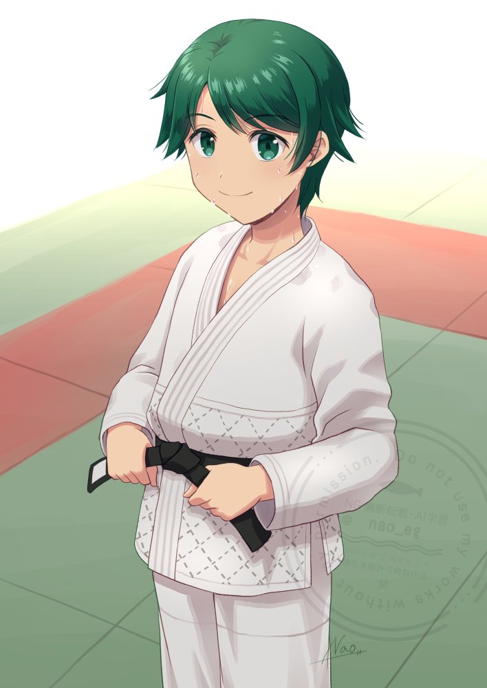 1girl belt black_belt commission cowboy_shot dougi green_eyes green_hair kantai_collection karate_gi martial_arts_belt mogami_(kancolle) nao_(nao_eg) pants shirt short_hair skeb_commission solo standing white_pants white_shirt