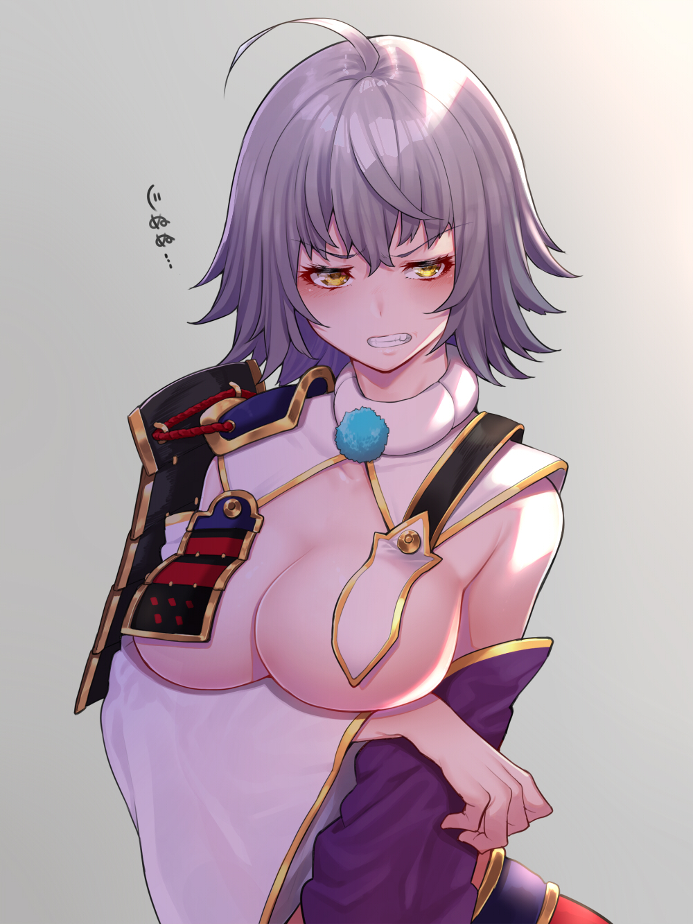 1girl ahoge arm_under_breasts armor asymmetrical_sleeves bare_shoulders breast_curtains breasts clenched_teeth commentary_request cosplay detached_sleeves fate/grand_order fate_(series) female_focus gradient_background grey_background gununu_(meme) highres japanese_armor jeanne_d&#039;arc_(fate) jeanne_d&#039;arc_alter_(avenger)_(fate) jeanne_d&#039;arc_alter_(fate) kusazuri large_breasts looking_at_viewer meme mikan_(chipstar182) mismatched_sleeves pom_pom_(clothes) revealing_clothes short_hair sideboob silver_hair solo teeth tsurime underboob upper_body ushiwakamaru_(fate) ushiwakamaru_(fate)_(cosplay) yellow_eyes