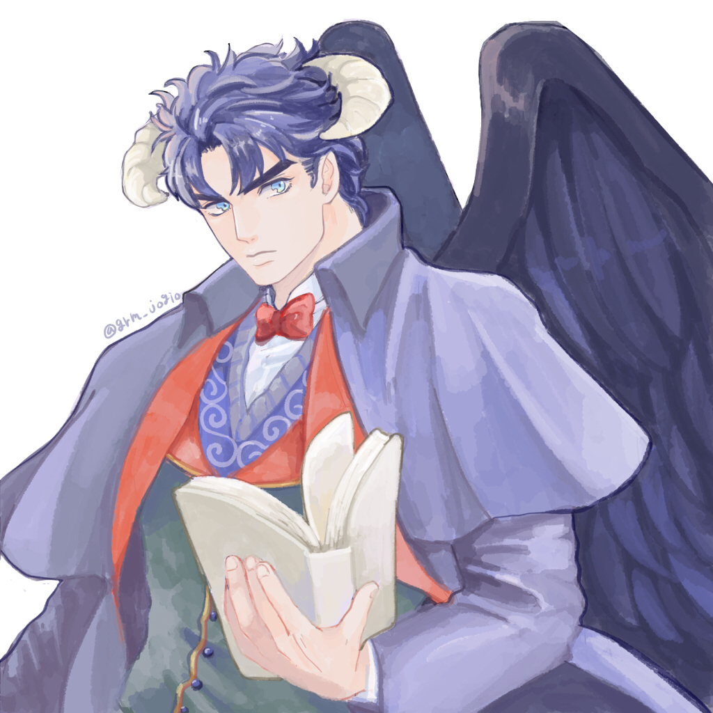 1boy blue_eyes blue_hair book bow bowtie closed_mouth commentary_request european_clothes feathered_wings grm_jogio holding holding_book horns jojo_no_kimyou_na_bouken jonathan_joestar long_sleeves looking_to_the_side male_focus muscular phantom_blood red_bow red_bowtie short_hair simple_background solo vest white_background wings