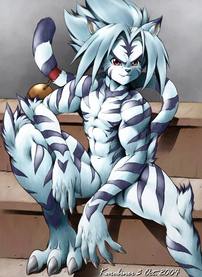 00s 1boy 2004 animal_ears byakko_no_kogenta claws furry furry_male karabiner male_focus muscular nipples nude onmyou_taisenki red_eyes solo tail
