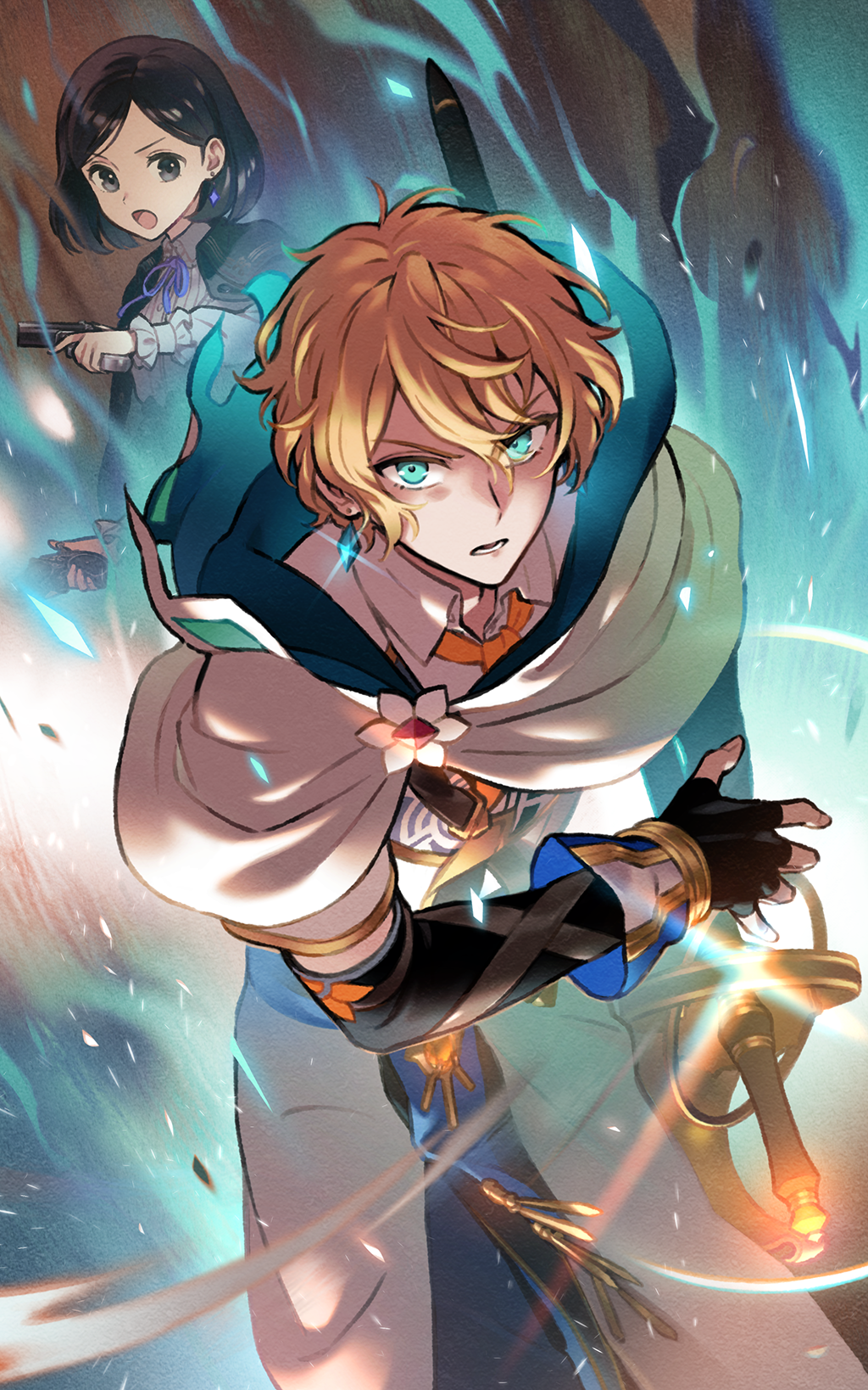 1boy 1girl atelier_(series) atelier_ayesha atelier_resleriana black_eyes black_gloves black_hair blonde_hair blue_eyes cape collared_shirt drawing_sword earrings fingerless_gloves flower funuyu furrowed_brow glaring gloves glowing glowing_eyes hair_between_eyes highres holding holding_sword holding_weapon hood hood_down jewelry looking_at_another looking_at_viewer marion_quinn non-web_source official_art open_mouth roman_kalman serious shirt short_hair sparkle standing sword weapon white_cape white_flower white_shirt