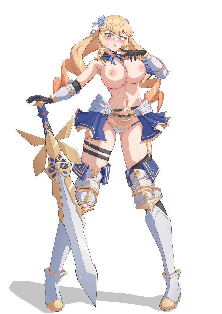 1girl alice_gear_aegis armor bikini_armor blonde_hair breasts cleavage closed_mouth commission drill_hair embarrassed full_body greaves green_eyes huge_breasts ishitsuma_canon looking_at_viewer navel nicole_francisca nipples pixiv_commission revealing_clothes showgirl_skirt solo standing sword topless_female weapon