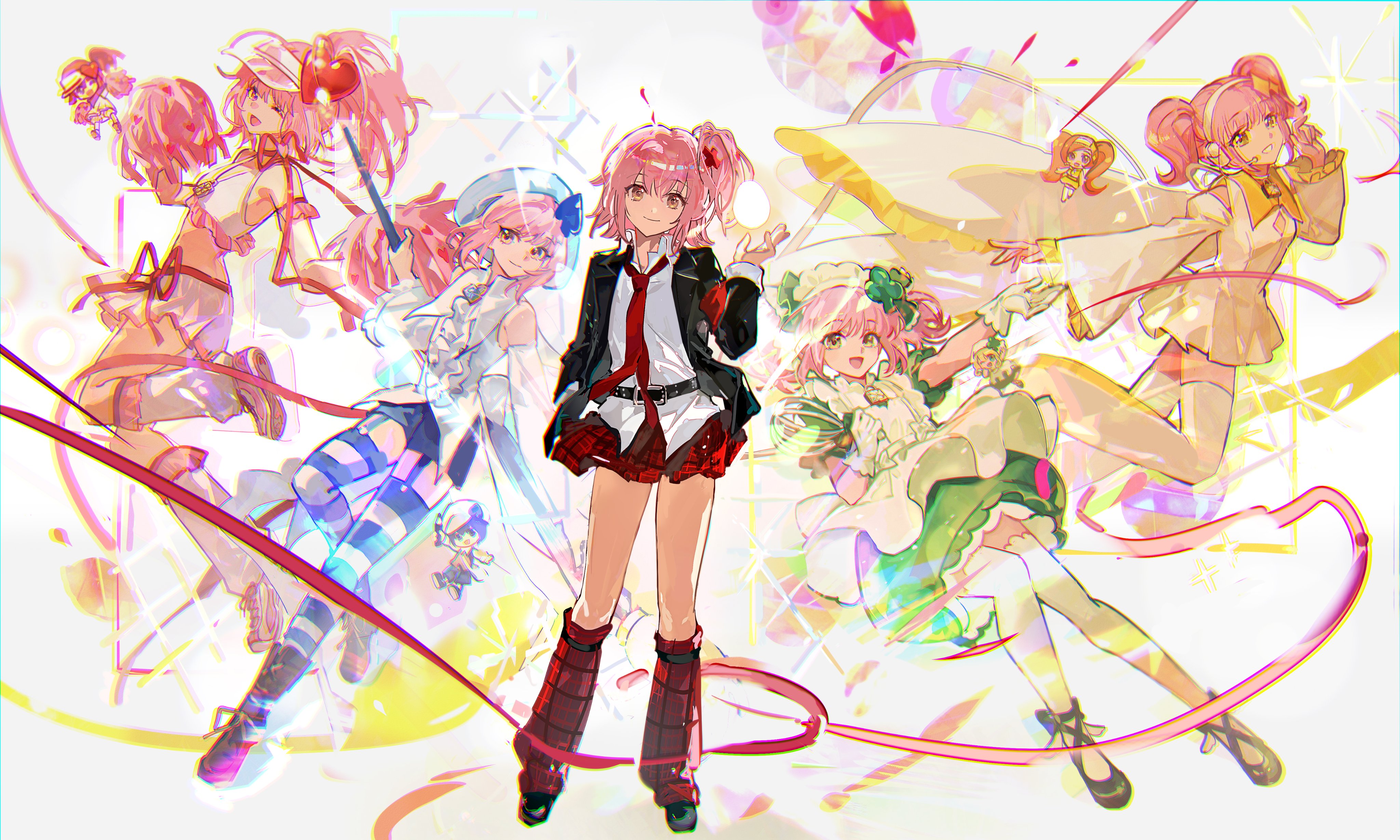 5girls :d ;d absurdres amulet_clover amulet_dia amulet_heart amulet_spade apron armband armlet bag bare_shoulders belt black_jacket blue_garter_straps blue_hair blue_hat blue_shirt blue_shorts boots border bow bubble_skirt chibi closed_mouth club_hair_ornament collared_dress collared_shirt detached_sleeves dia_(shugo_chara!) diamond_cutout diamond_hair_ornament dress egg eyelashes floating_clothes floating_hair food footwear_bow frilled_apron frilled_gloves frilled_shirt frilled_skirt frilled_sleeves frills fruit full_body garter_straps gloves green_bow green_dress green_footwear hair_bow hair_ornament hairband hat headset heart heart_hair_ornament high_side_ponytail highres hinamori_amu holding holding_brush holding_pom_poms holding_whisk horizontal-striped_thighhighs humpty_lock_(shugo_chara!) jacket jewelry kneehighs knees leg_warmers light_blush lock_necklace long_hair long_sleeves looking_at_viewer magical_girl maid_headdress mento miki_(shugo_chara!) mini_person minigirl miniskirt multiple_girls multiple_views navel neck_ribbon one_eye_closed open_mouth orange_hair outstretched_hand pink_eyes pink_hair pink_hat pink_leg_warmers pink_shirt pink_skirt pom_pom_(cheerleading) pom_poms puffy_short_sleeves puffy_sleeves ran_(shugo_chara!) red_armband red_leg_warmers red_ribbon red_skirt ribbon school_uniform see-through_clothes see-through_headwear shirt shoes short_dress short_hair short_sleeves shorts shoulder_bag shugo_chara! sideways_hat skirt skirt_set sleeveless sleeveless_shirt sleeves_past_fingers sleeves_past_wrists smile sneakers socks solo_focus spade_(shape) sparkle striped_clothes striped_thighhighs suu_(shugo_chara!) teeth thigh_boots thighhighs twintails upper_teeth_only very_long_hair visor_cap waist_bow whipped_cream whisk white_apron white_background white_border white_bow white_dress white_footwear white_gloves white_hairband white_shirt white_thighhighs wide_sleeves yellow_boots yellow_eyes yellow_shirt