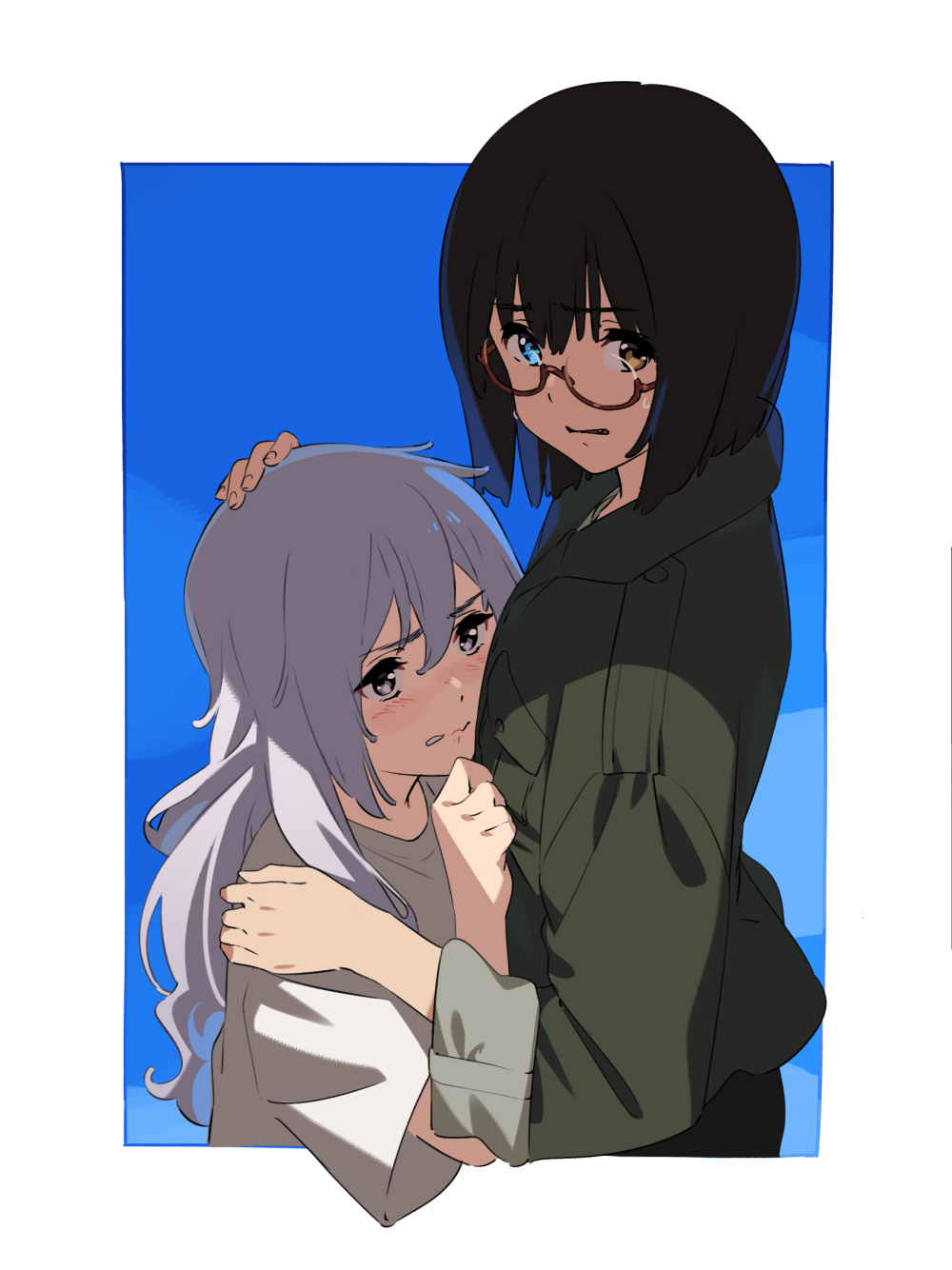 black_hair collared_jacket comforting glasses hair_between_eyes hand_on_another&#039;s_head hand_on_another&#039;s_shoulder heterochromia highres jacket kamikoshi_sorawo kamo_kamen kozakura_(urasekai_picnic) simple_background spoilers upper_body urasekai_picnic wavy_mouth white_hair