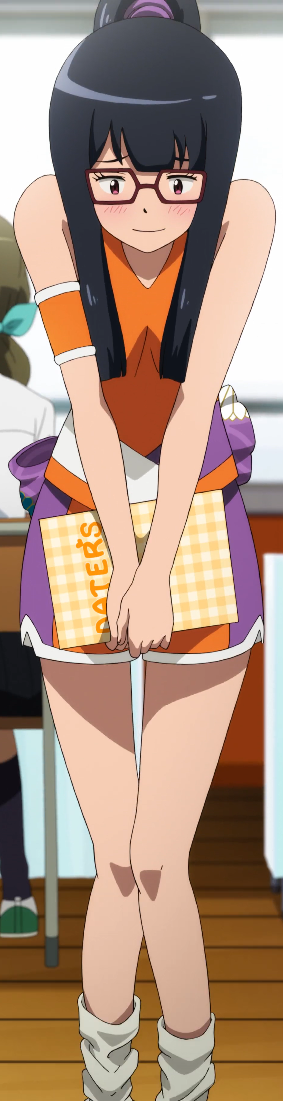 absurdres anime_screenshot armband black_hair blunt_bangs blush digimon digimon_adventure_tri. female_focus glasses highres mochizuki_meiko orange_shirt orange_shorts ponytail shirt shorts sidelocks sleeveless sleeveless_shirt smile socks stitched third-party_edit white_socks