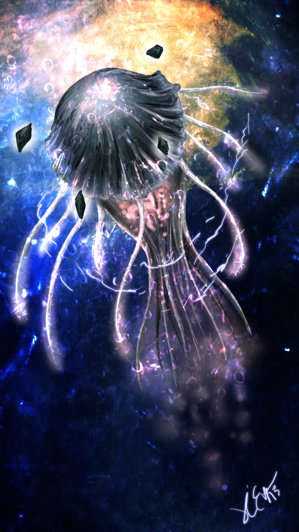 cosmic_horror eldritch_abomination electricity energy eternal_darkness:_sanity&#039;s_requiem floating giant giant_monster glowing highres lightning monster nintendo onikafei silicon_knights space tentacles ulyaoth zero_gravity