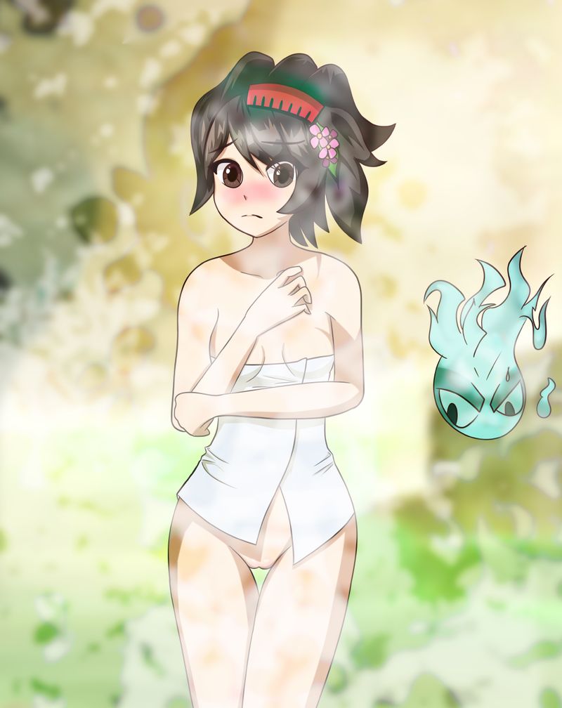 1girl accidental_exposure black_hair brown_eyes embarrassed eyes_visible_through_hair momohime oboro_muramasa onsen short_hair solo towel towel_slip