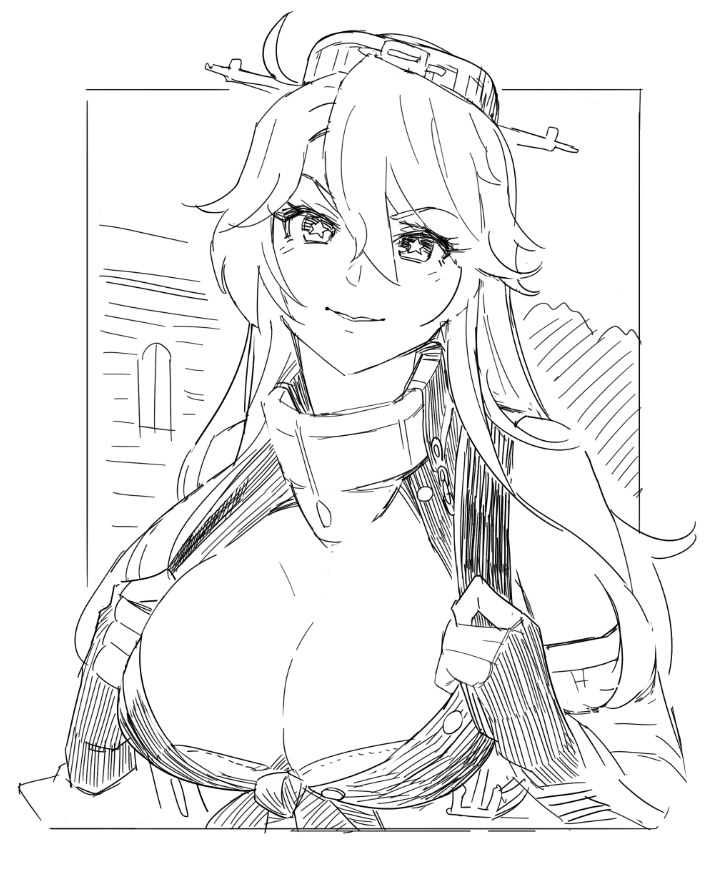 1girl backpack bag breasts cleavage fingerless_gloves front-tie_top gloves greyscale hair_between_eyes hannah_steller headgear holding_strap iowa_(kancolle) kantai_collection large_breasts long_hair looking_at_viewer mizoki_kei monochrome parted_lips sketch solo star-shaped_pupils star_(symbol) symbol-shaped_pupils upper_body