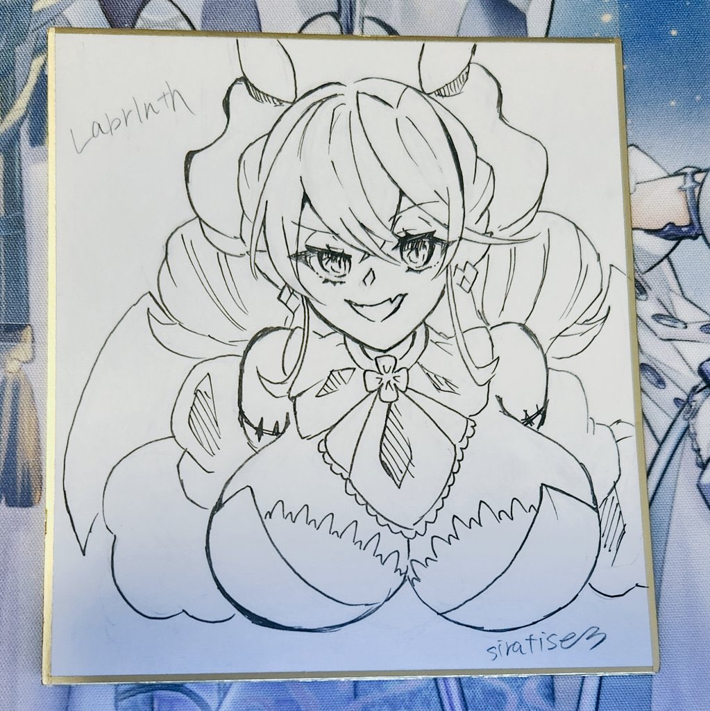 1girl bare_shoulders breasts cleavage demon_girl demon_horns demon_wings drill_hair duel_monster fang horns large_breasts lineart lovely_labrynth_of_the_silver_castle parted_lips photo_(medium) pointy_ears shikishi sira_tise skin_fang smile solo strapless traditional_media twin_drills upper_body wings yu-gi-oh!