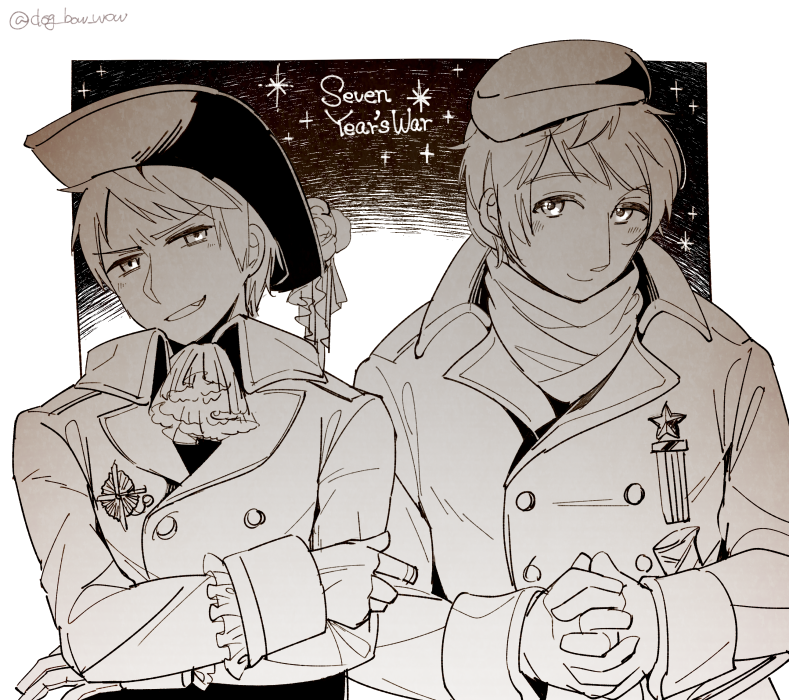 2boys ascot axis_powers_hetalia blush buttons closed_mouth coat collared_jacket commentary_request crossed_arms dog_bow_wow english_text greyscale hat hat_ornament jacket lapels long_sleeves looking_at_viewer male_focus medal monochrome multiple_boys outside_border own_hands_together prussia_(hetalia) russia_(hetalia) scarf short_hair simple_background smile sparkle_background star_ornament teeth upper_body v-shaped_eyebrows