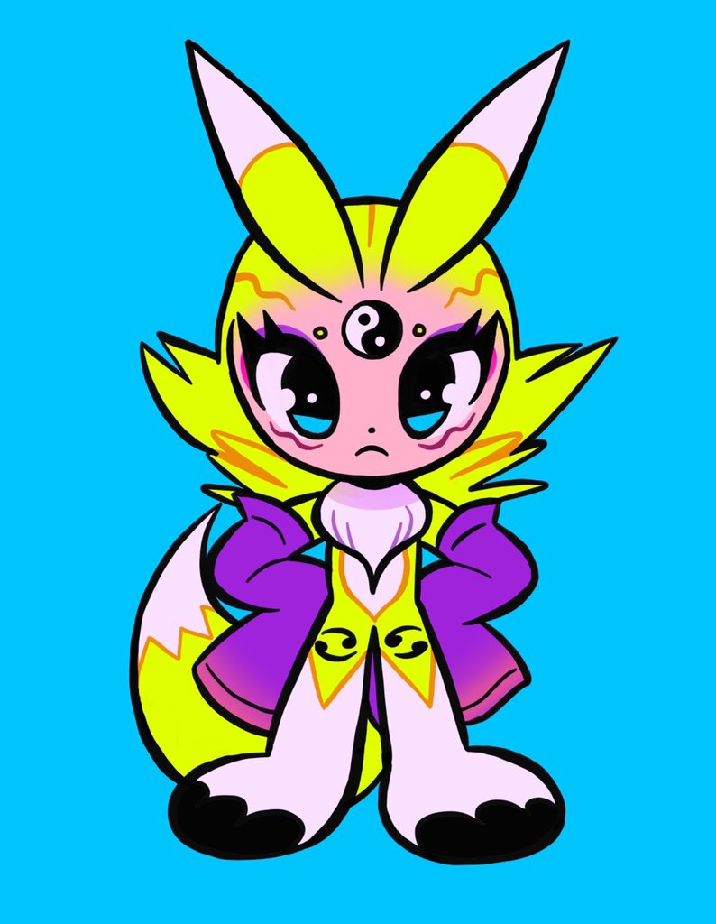 1girl animal_ears blonde_hair blue_background chest_tuft digimon dot_nose eyebrow_piercing eyeshadow face_piercing facial_mark frown jinx88_(jinx) long_hair long_sleeves makeup personification piercing purple_eyeshadow purple_sleeves renamon simple_background sleeves_past_fingers sleeves_past_wrists solo yin_yang