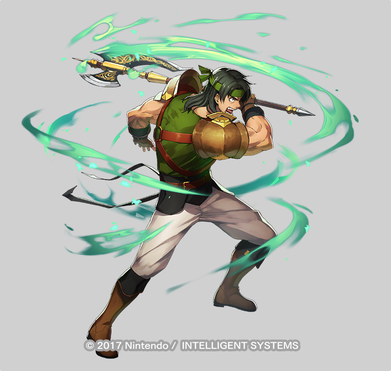 1boy aura axe bandages belt black_hair boots copyright_notice dai-xt fingerless_gloves fire_emblem fire_emblem:_thracia_776 fire_emblem_heroes full_body gloves grey_background headband long_hair male_focus muscular muscular_male nintendo official_art open_mouth osian_(fire_emblem) solo teeth