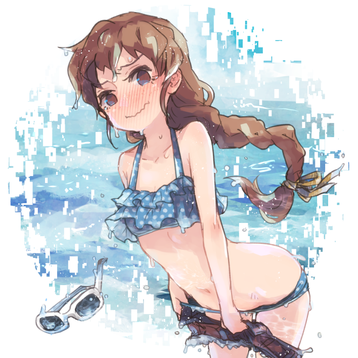 1girl bikini blue_bikini blush braid braided_ponytail brown_eyes brown_hair brown_shorts closed_mouth clothes_pull collarbone cowboy_shot embarrassed unworn_eyewear floating_hair hair_ribbon halterneck isuzu_(log_horizon) leaning_forward log_horizon long_hair mo_(deciliter) navel polka_dot polka_dot_bikini ponytail ribbon short_shorts shorts shorts_pull solo standing sunglasses swimsuit very_long_hair wavy_mouth wet wet_hair white-framed_eyewear yellow_ribbon