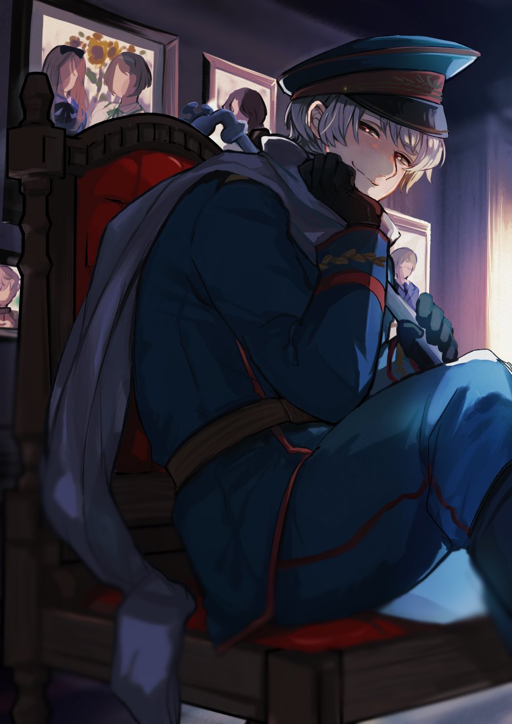 1boy axis_powers_hetalia belarus_(hetalia) belt black_boots black_gloves blue_hat blue_jacket blue_pants boots brown_belt closed_mouth estonia_(hetalia) gloves grey_hair hand_on_own_face hat highres holding holding_lead_pipe indoors jacket latvia_(hetalia) lead_pipe lithuania_(hetalia) long_sleeves looking_at_viewer military_hat military_jacket military_uniform on_chair pants picture_frame red_eyes russia_(hetalia) sama_8_sm scarf short_hair sitting smile solo ukraine_(hetalia) white_scarf
