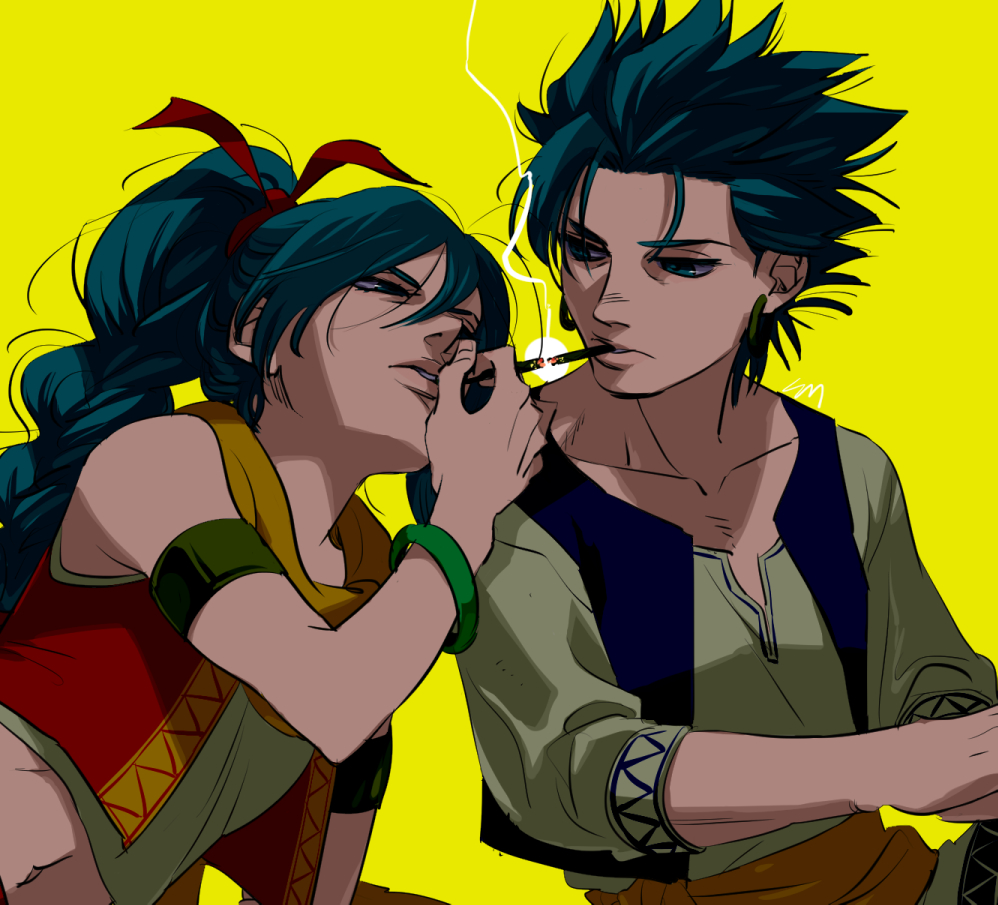 1girl armlet blue_eyes blue_hair blue_vest bracelet braid braided_ponytail brother_and_sister camus_(dq11) cigarette collarbone commentary_request crop_top cropped_vest dragon_quest dragon_quest_xi hair_ribbon jewelry kamei_(yokoshima-ko) looking_at_another looking_to_the_side maya_(dq11) navel orange_sash orange_scarf red_ribbon red_vest ribbon scarf shirt short_hair siblings smoking spiked_hair upper_body vest white_shirt yellow_background