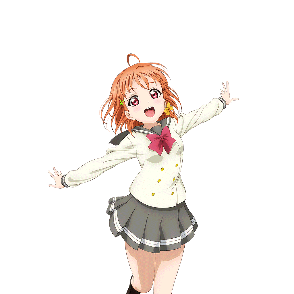 1girl :d ahoge anime_coloring black_shoes blush bow bowtie braid buttons clover_hair_ornament cowboy_shot double-breasted grey_sailor_collar grey_skirt hair_bow hair_ornament long_sleeves looking_at_viewer love_live! love_live!_school_idol_festival love_live!_sunshine!! miniskirt official_art open_hands open_mouth orange_hair outstretched_arms pleated_skirt red_bow red_bowtie red_eyes sailor_collar school_uniform serafuku shirt shoes short_hair side_braid skirt smile solo spread_arms standing standing_on_one_leg takami_chika teeth transparent_background upper_teeth_only uranohoshi_school_uniform white_shirt winter_uniform yellow_bow