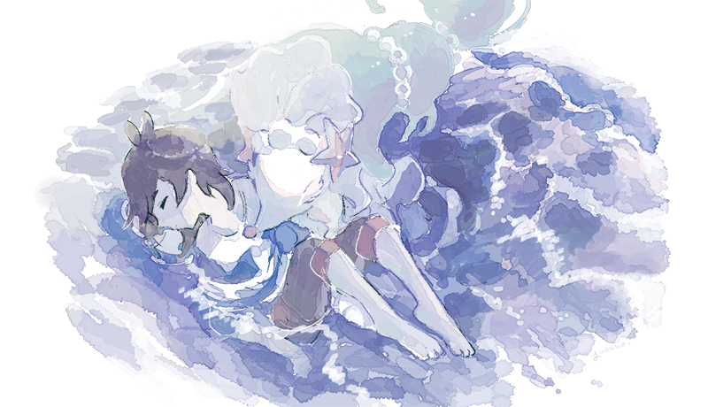 1boy barefoot black_hair blue_hair brown_shorts elio_(pokemon) feet gen_7_pokemon long_hair nintendo partially_submerged pokemon pokemon_(creature) pokemon_sm primarina shorts starfish_hair_ornament water yurano_(upao)