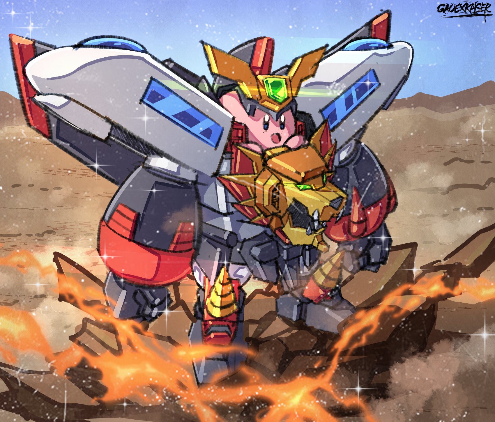 artist_name cosplay crossover drill fire gao_ex_kaiser gaogaigar gaogaigar_(cosplay) ground_shatter highres kirby kirby:_planet_robobot kirby_(series) looking_ahead mecha mechanical_wings nintendo open_mouth robot sky smile solo sparkle standing v-fin wings yuusha_ou_gaogaigar yuusha_series